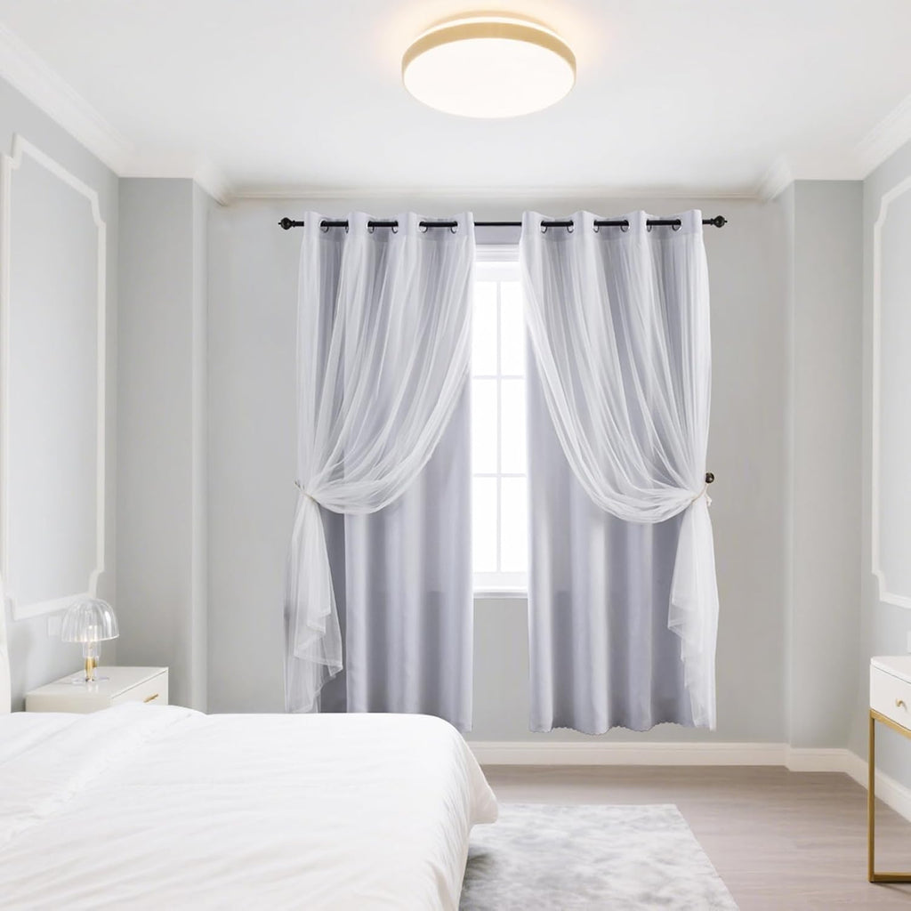 Greyish White Grommet Layered Blackout Sheer Curtains 52Wx84L