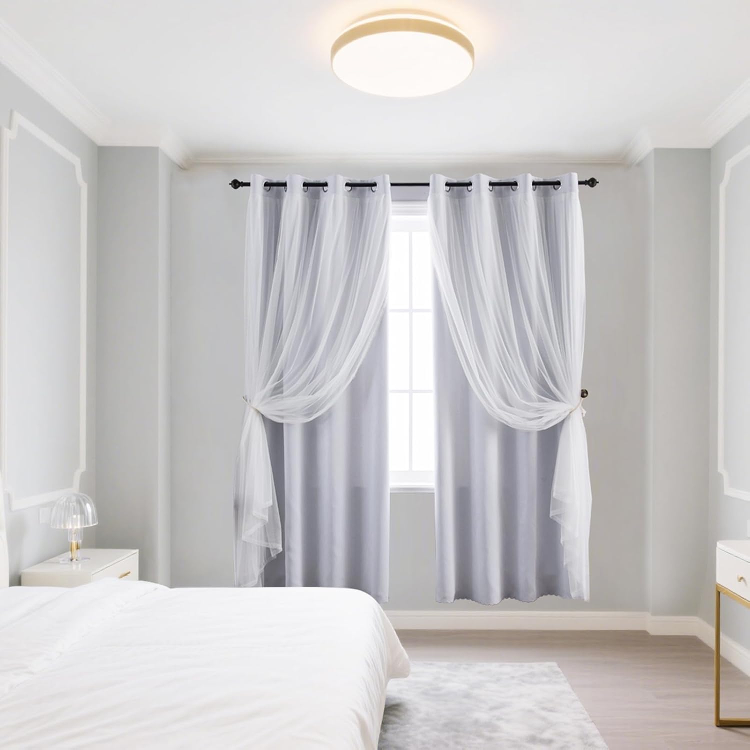 Greyish White Grommet Layered Blackout Sheer Curtains 52Wx84L