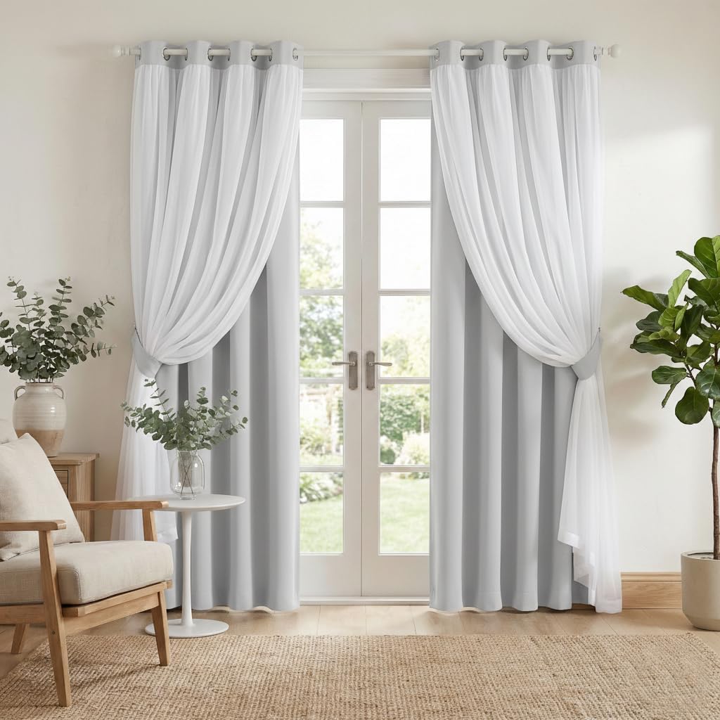 Greyish White Double Layer Blackout Curtains 52x90