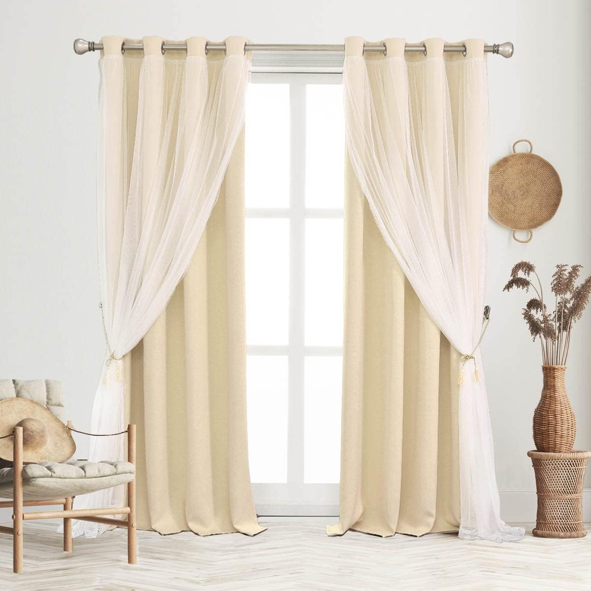 Beige Double Layer Blackout Curtains 52Wx63L
