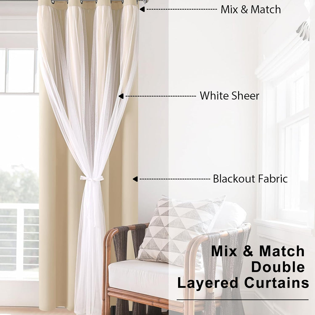 Beige Double Layer Thermal Blackout Curtains 42Wx96L