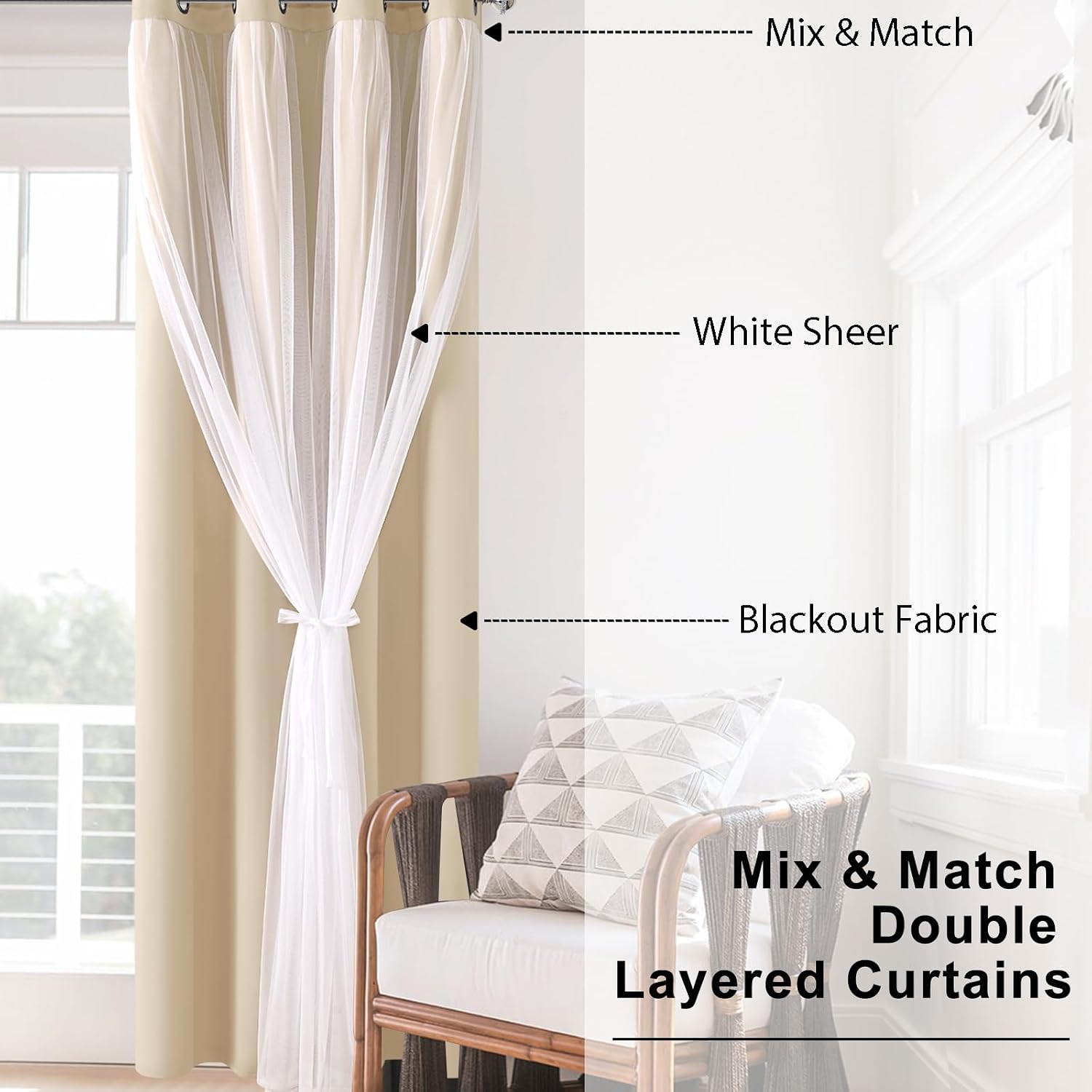 Beige Double Layer Thermal Blackout Curtains 70Wx63L