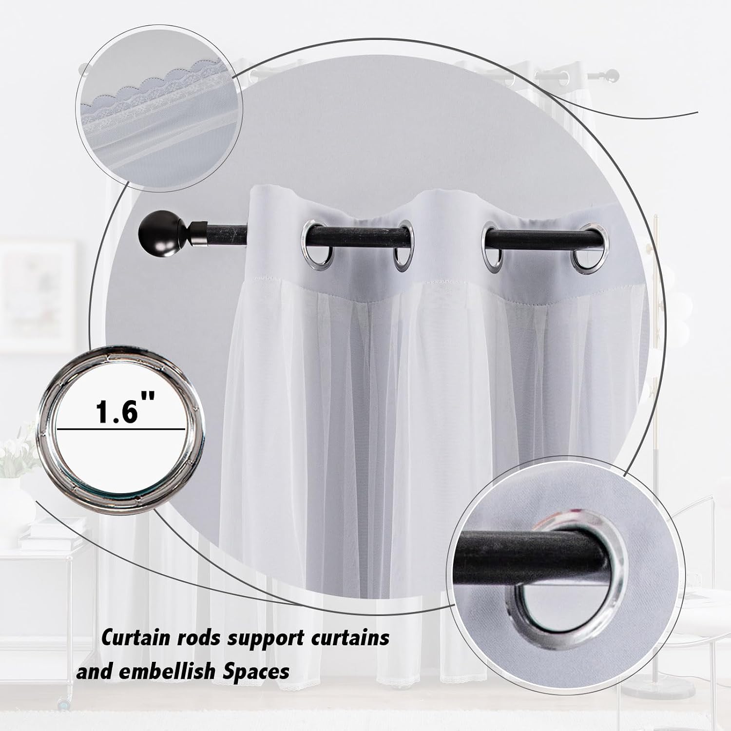 Greyish White Grommet Layered Blackout Sheer Curtains 52Wx84L