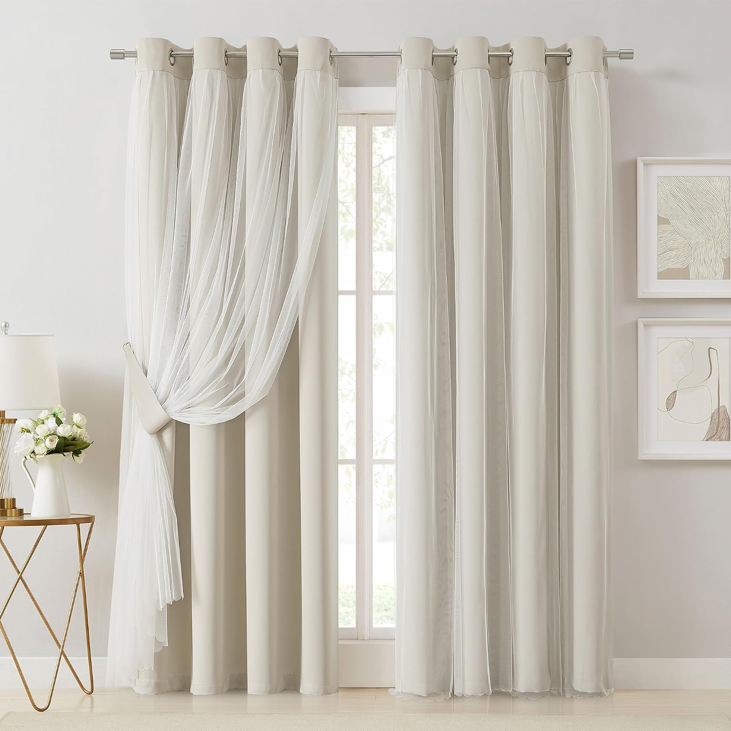 Beige Double Layer 80% Blackout Curtains 54Wx84L