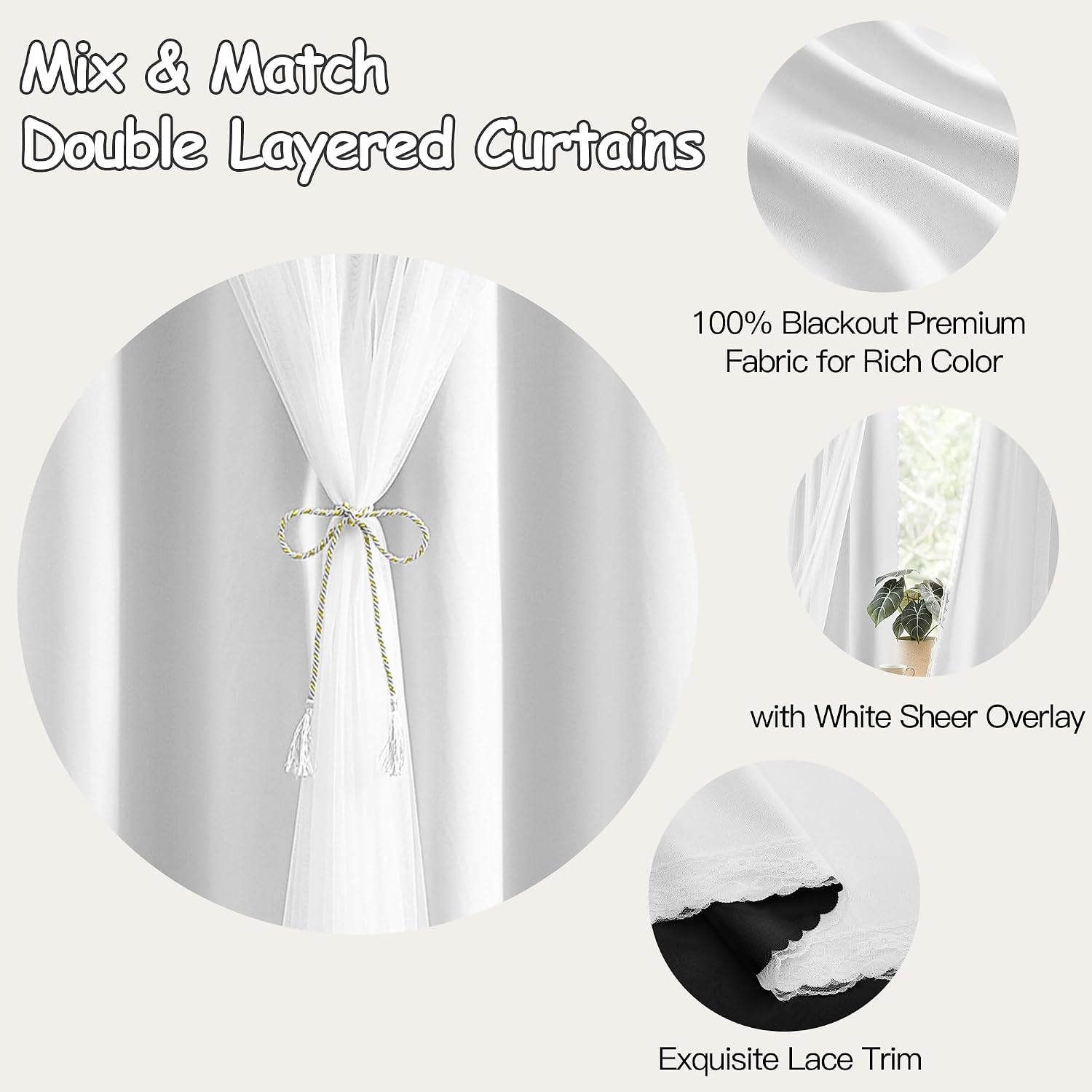 Greyish White Double Layer 100% Blackout Curtains 34Wx63L
