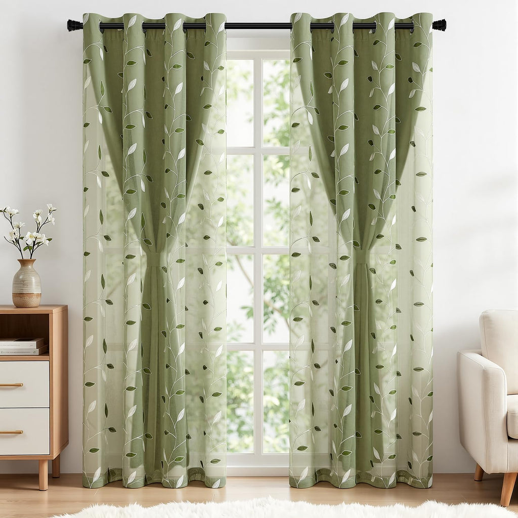 Sage Green Floral Double Layer Blackout Curtains 52Wx84L