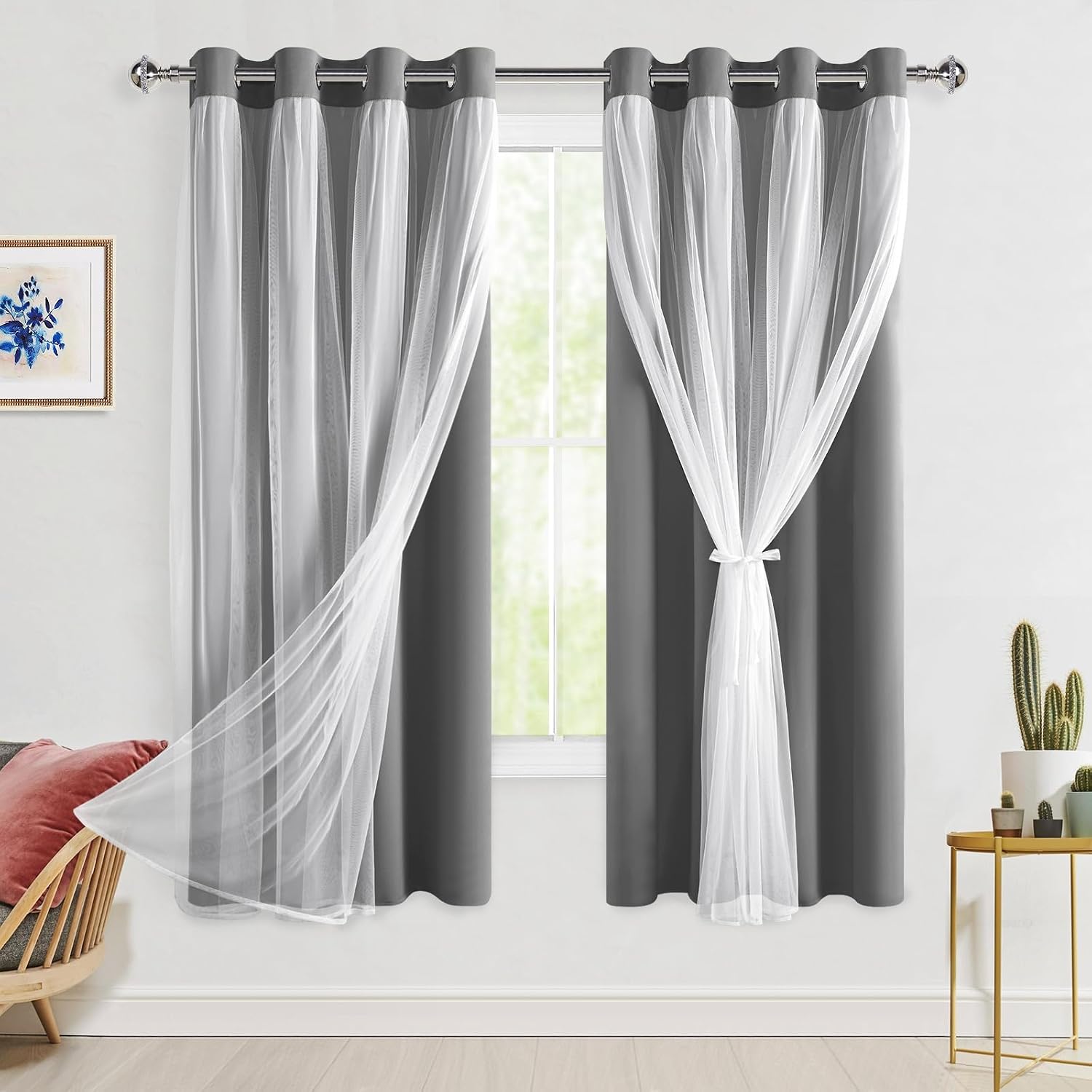 Grey Double Layer Thermal Blackout Curtains 52Wx63L