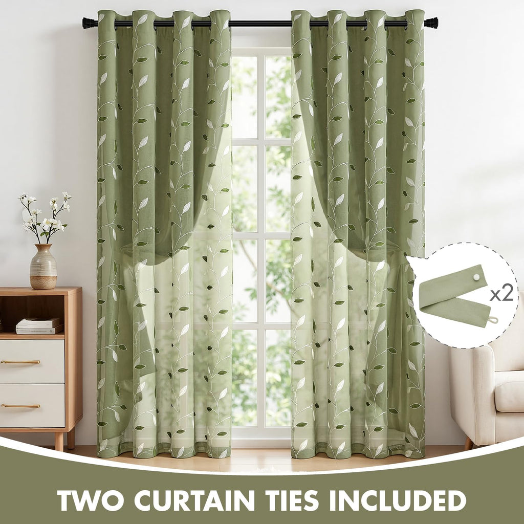 Sage Green Floral Double Layer Blackout Curtains 52Wx84L