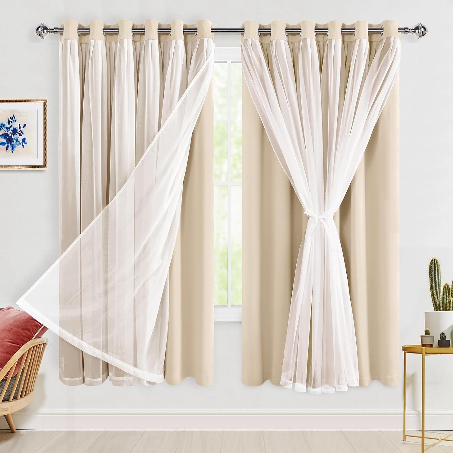 Beige Double Layer Thermal Blackout Curtains 70Wx63L