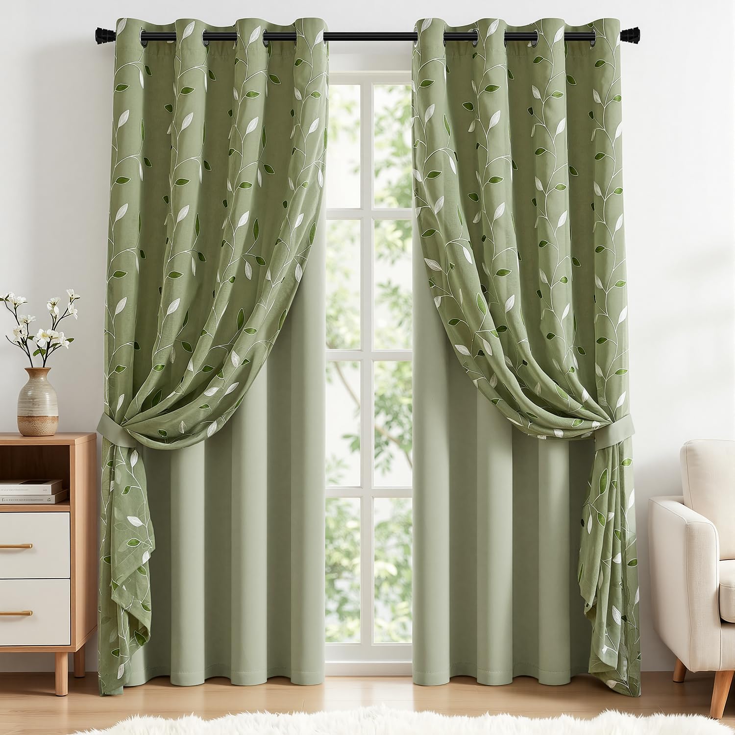 Sage Green Floral Double Layer Blackout Curtains 52Wx84L