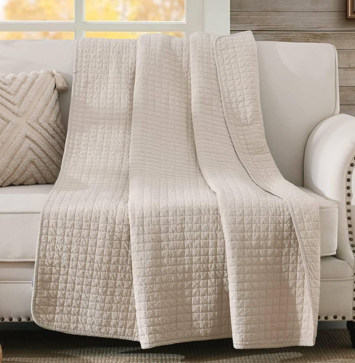 Natural Beige Vintage Reversible Cotton Quilted Throw 50"x60"