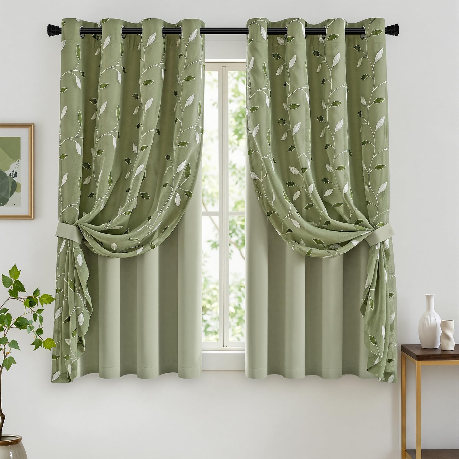 Sage Green Floral Double Layer Blackout Curtains 52Wx84L