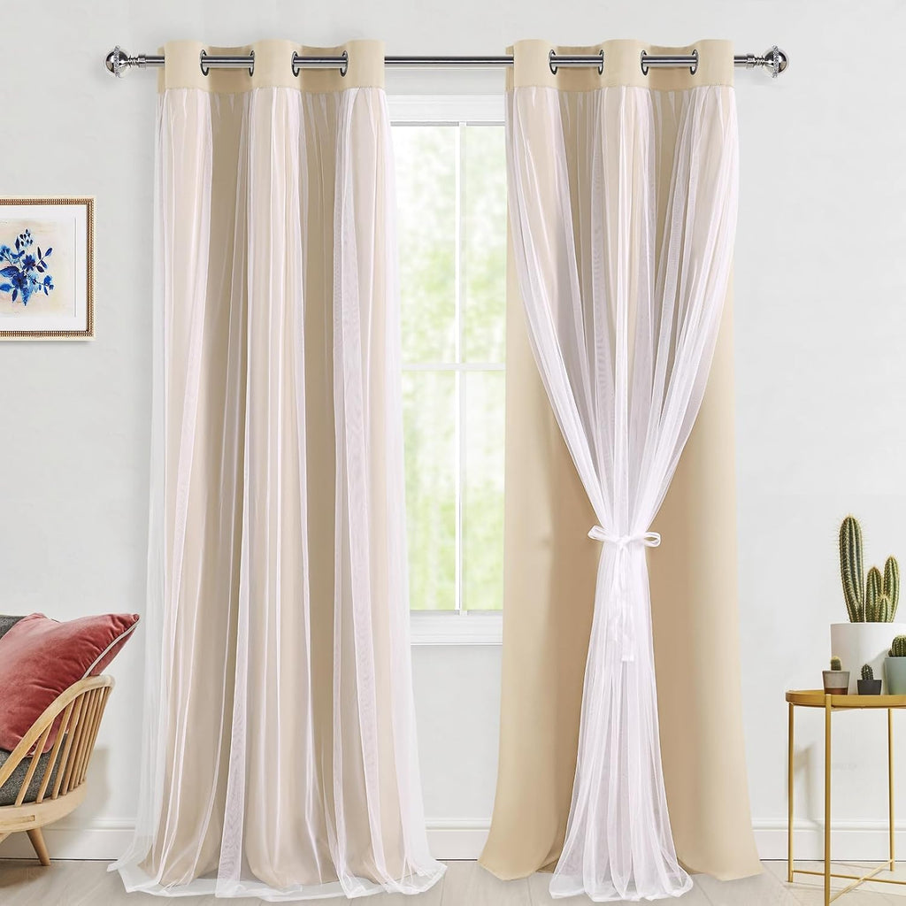 Beige Double Layer Thermal Blackout Curtains 42Wx96L