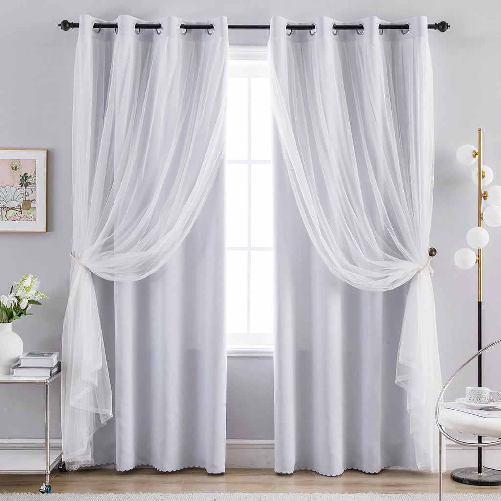 Greyish White Grommet Layered Blackout Sheer Curtains 52Wx84L