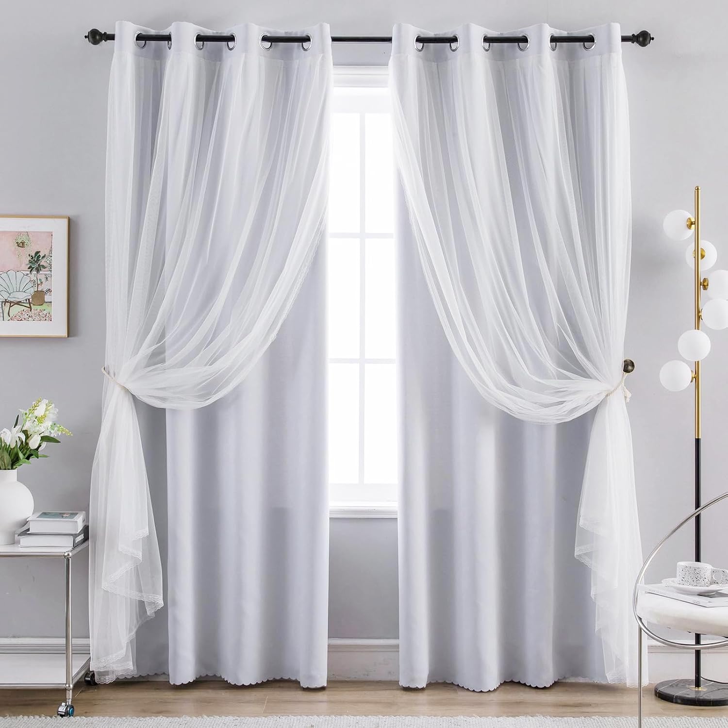 Greyish White Grommet Layered Blackout Sheer Curtains 52Wx84L