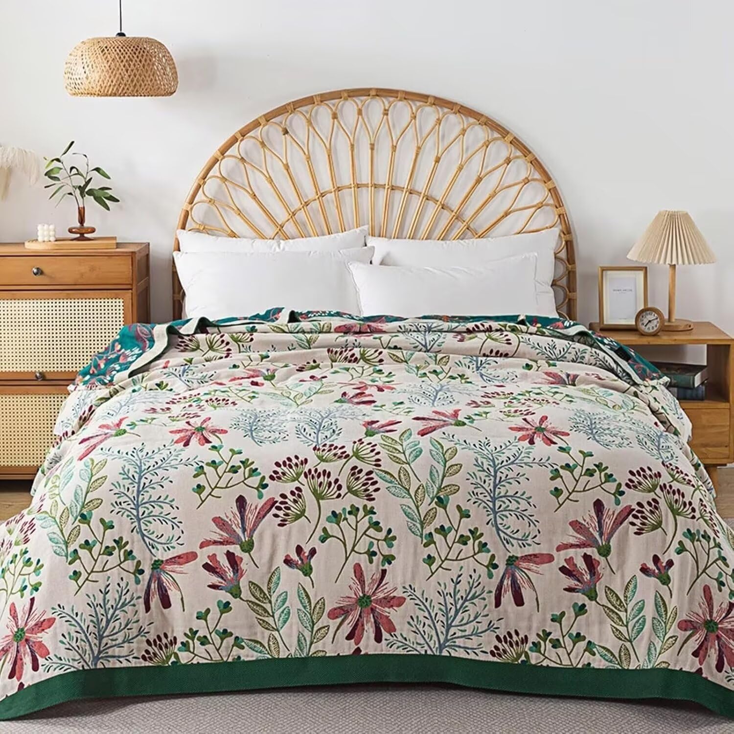 Green Woven Cotton Boho Throw Blanket 60"x80"