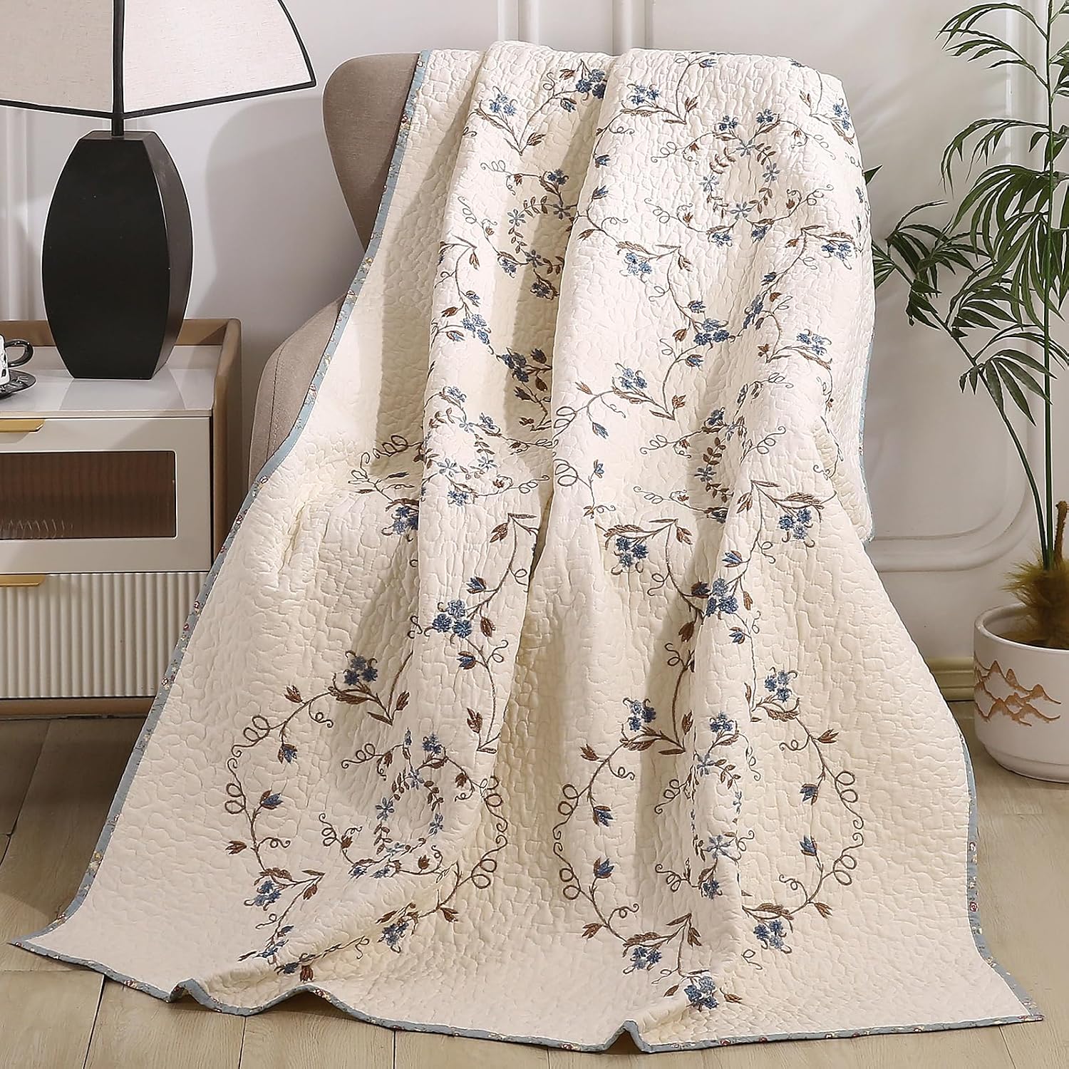 Blue Embroidered Floral Reversible Cotton Throw 50"x60"