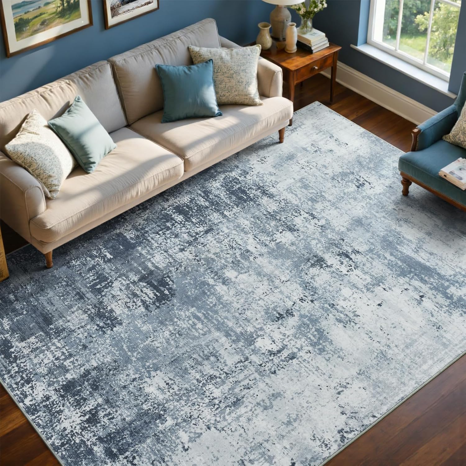 Blue Abstract Washable Large Area Rug