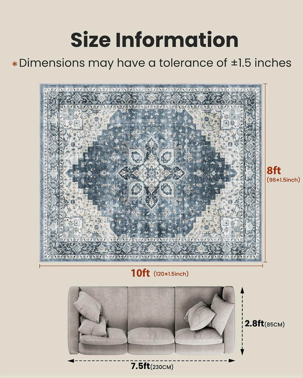 Blue Washable Vintage Area Rug