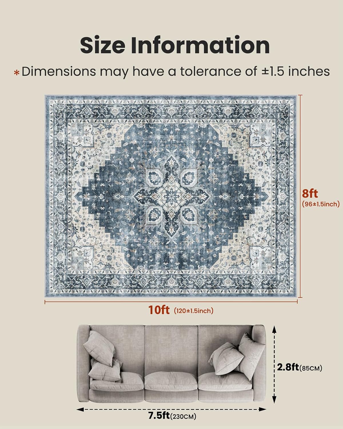 Blue Washable Vintage Area Rug