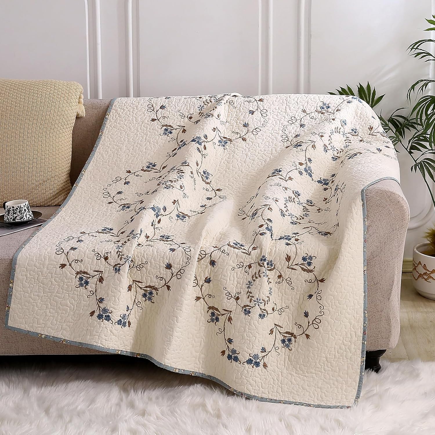 Blue Embroidered Floral Reversible Cotton Throw 50"x60"