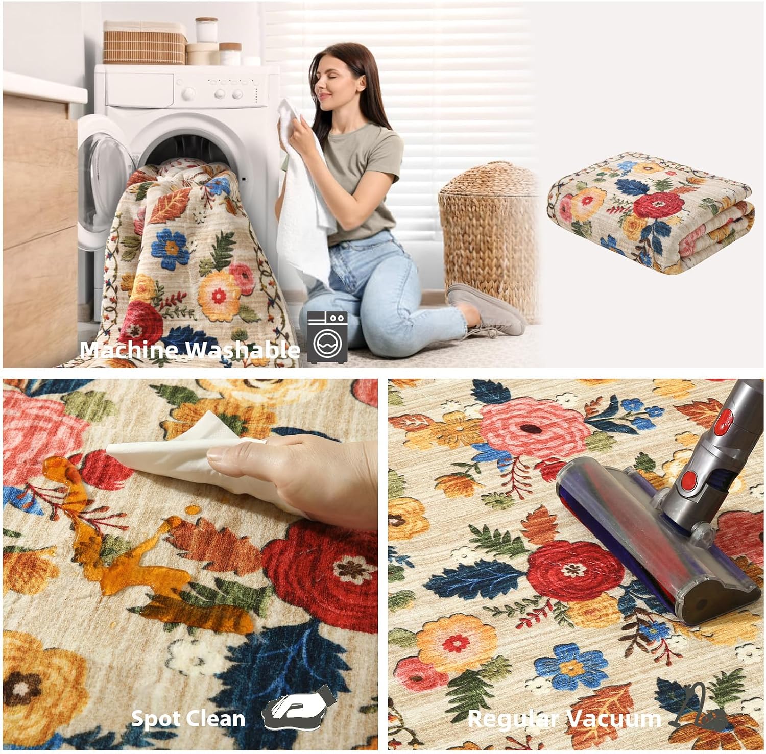 Washable Vintage Floral Area Rug