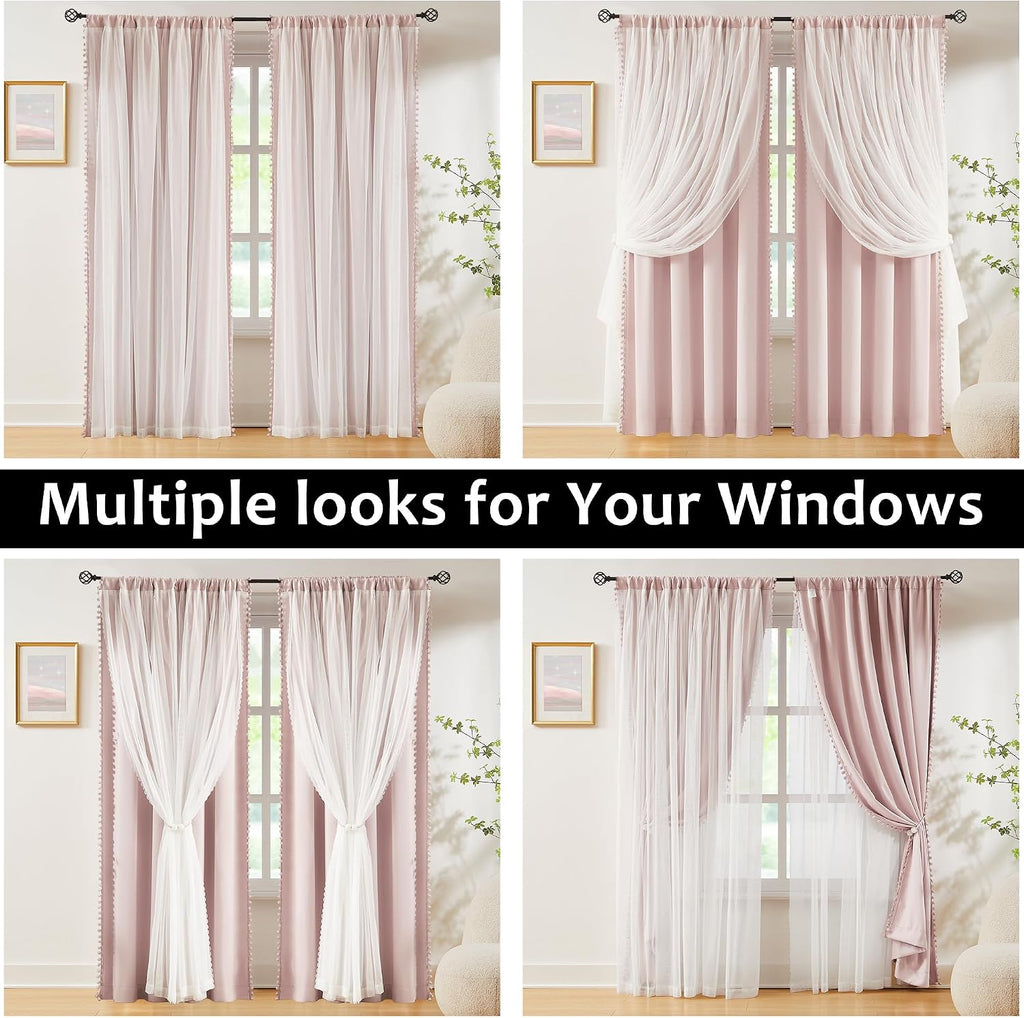 Pink Pom Pom Double Layer Blackout Curtains 52Wx84L