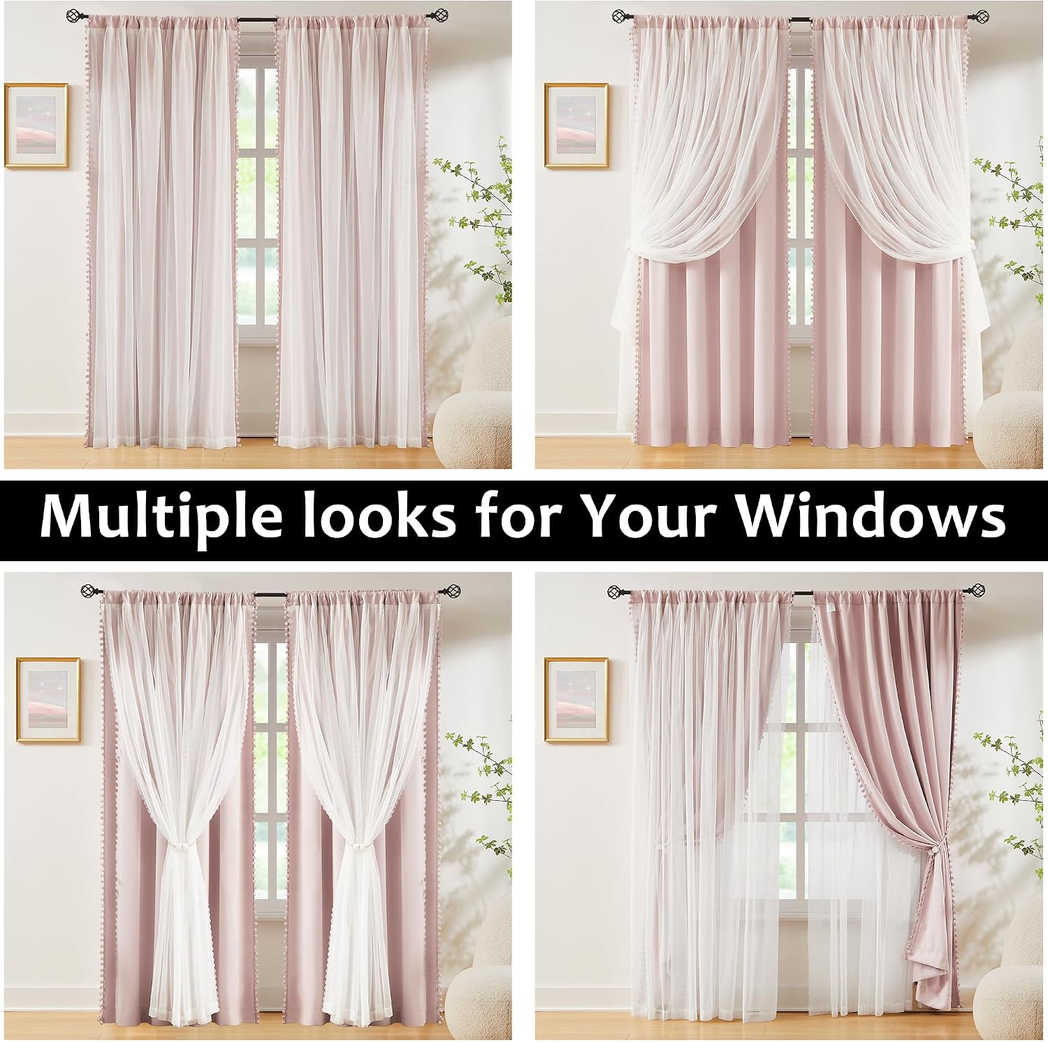 Pink Pom Pom Double Layer Blackout Curtains 52Wx84L