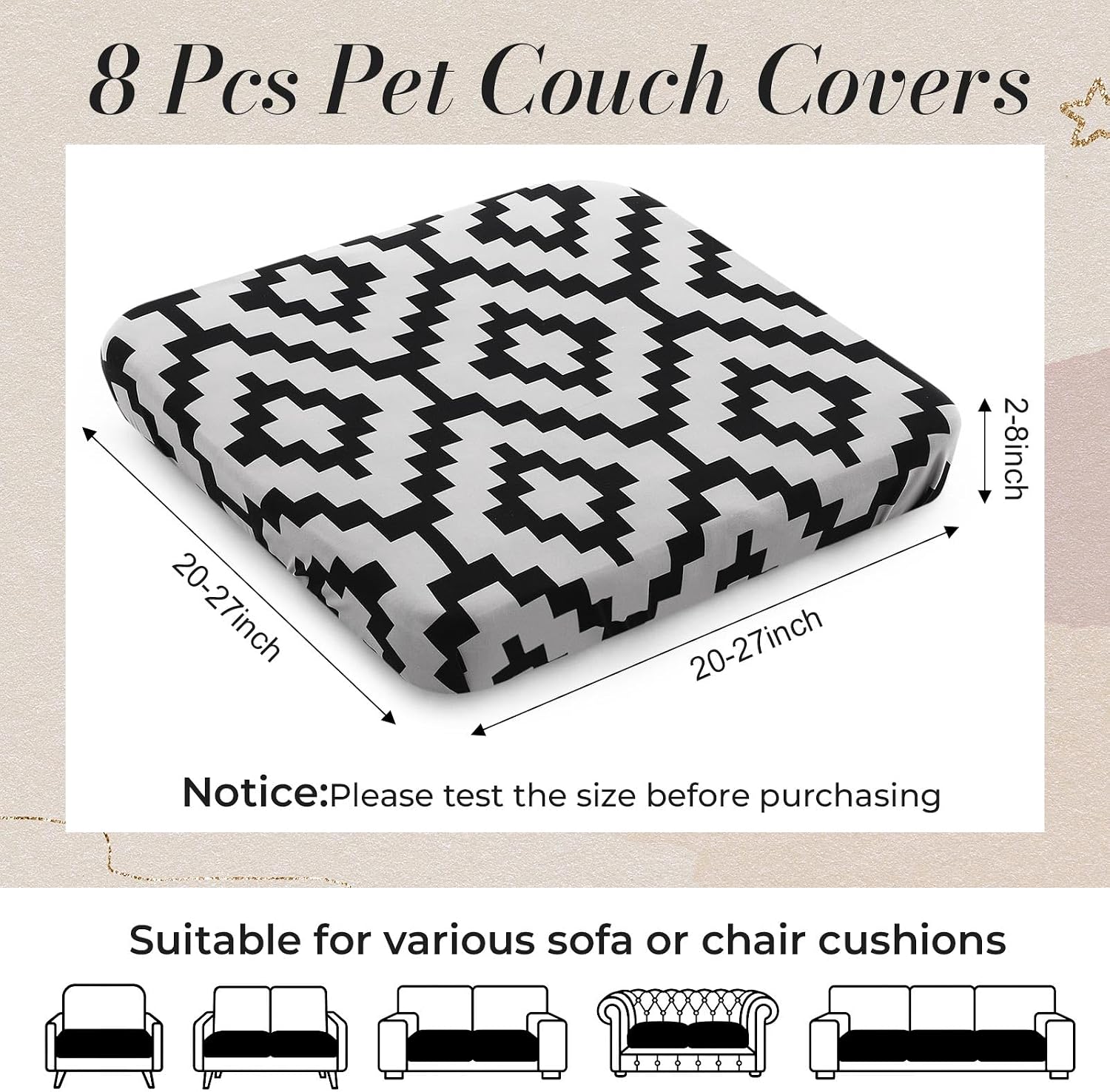 Black Grey Geometric Patio Cushion Covers 8Pcs