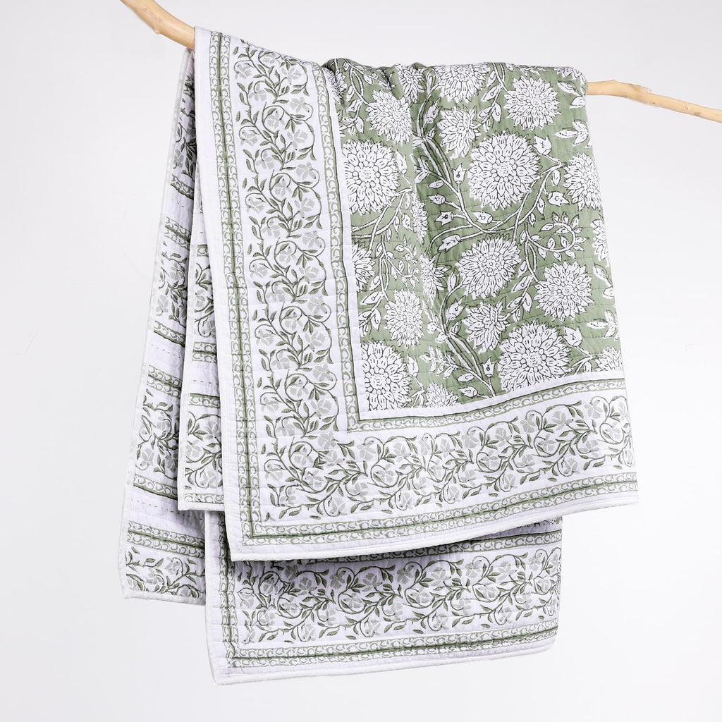 Sage White Floral Reversible Cotton Quilted Throw 50x60in