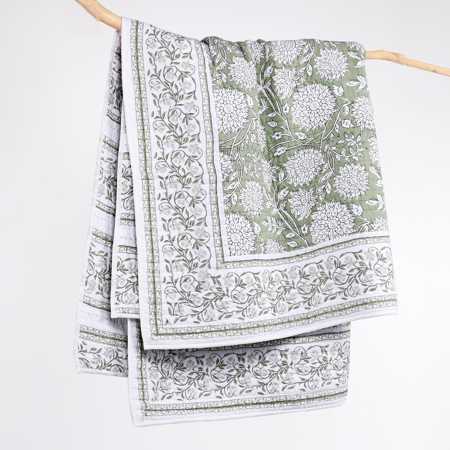 Sage White Floral Reversible Cotton Quilted Throw 50x60in