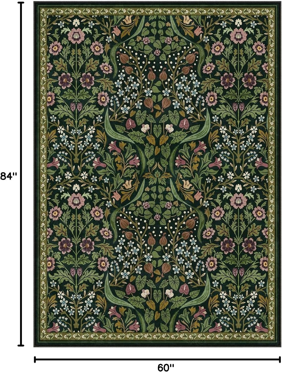 Green Floral Washable Area Rug 5x7
