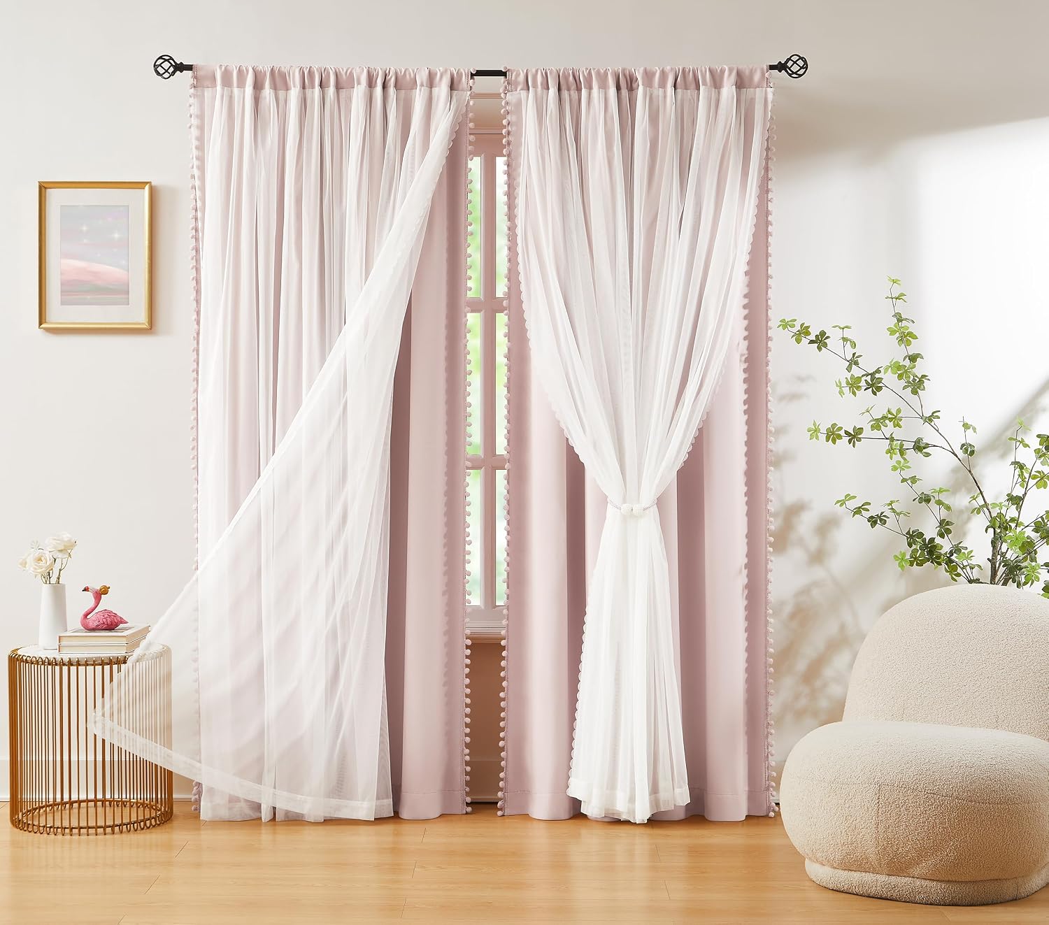 Pink Pom Pom Double Layer Blackout Curtains 52Wx84L