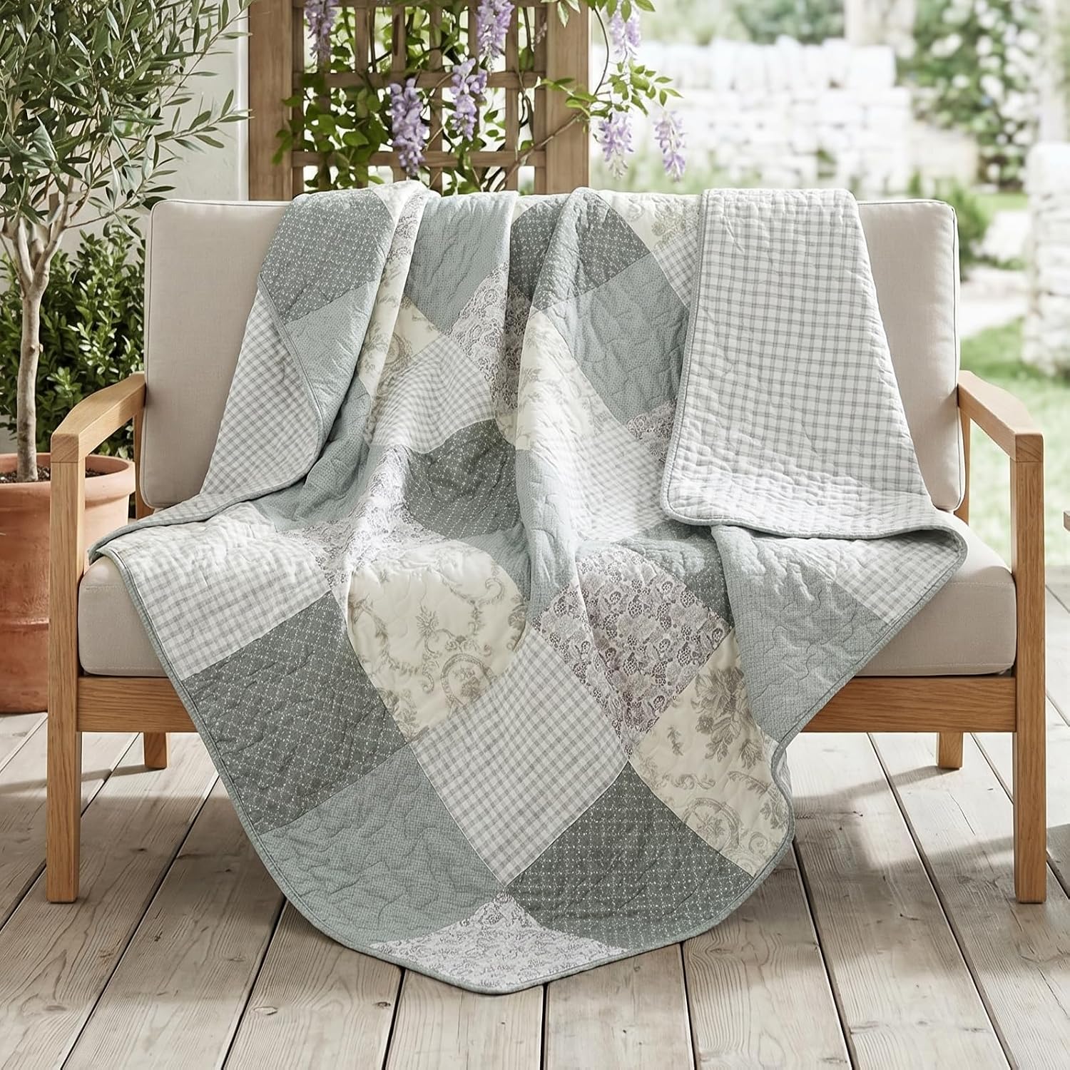 Sage Green Patchwork Cotton Quilted Throw 50"x60"
