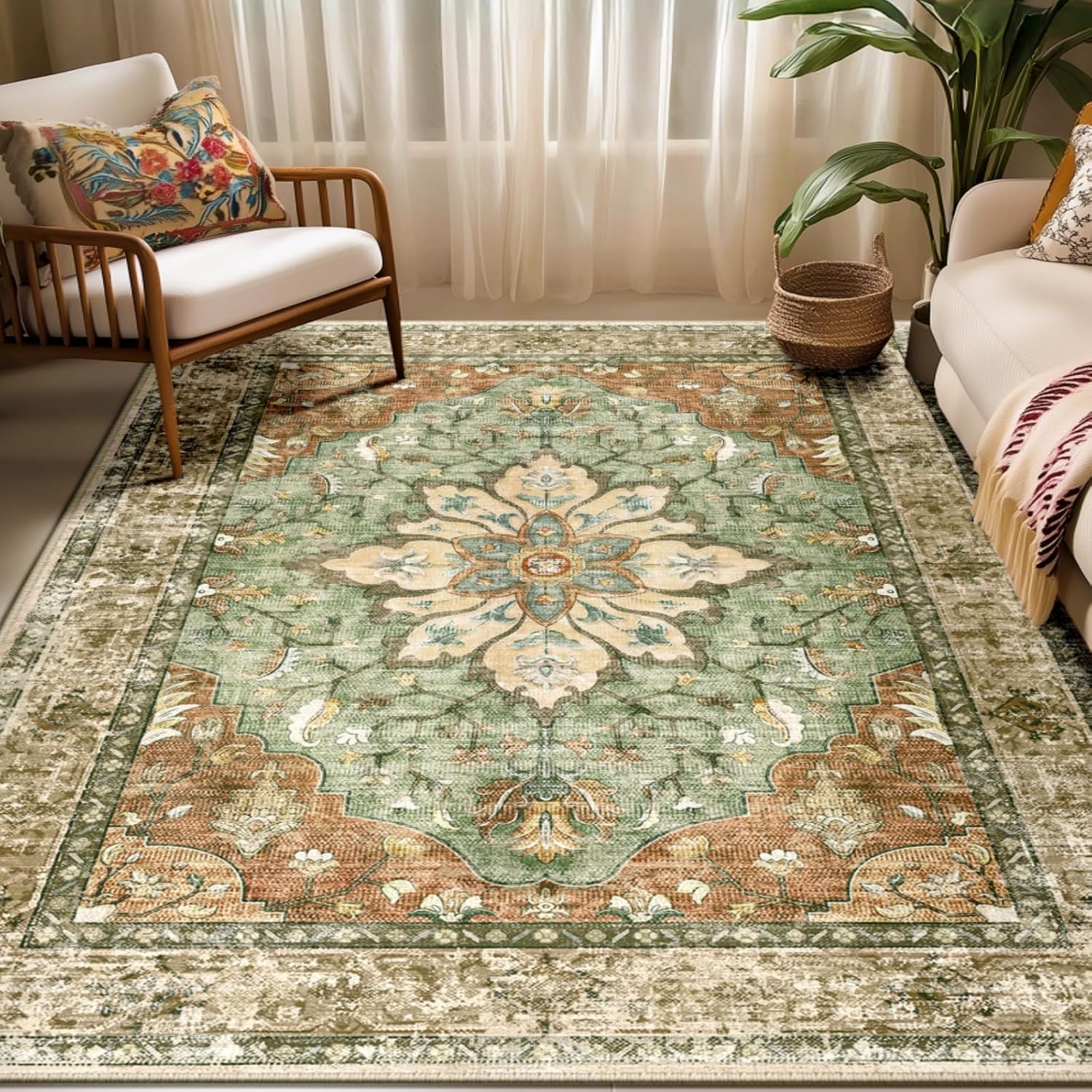 Terracotta Floral Washable Area Rug