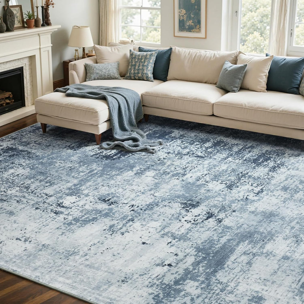 Blue Abstract Washable Large Area Rug