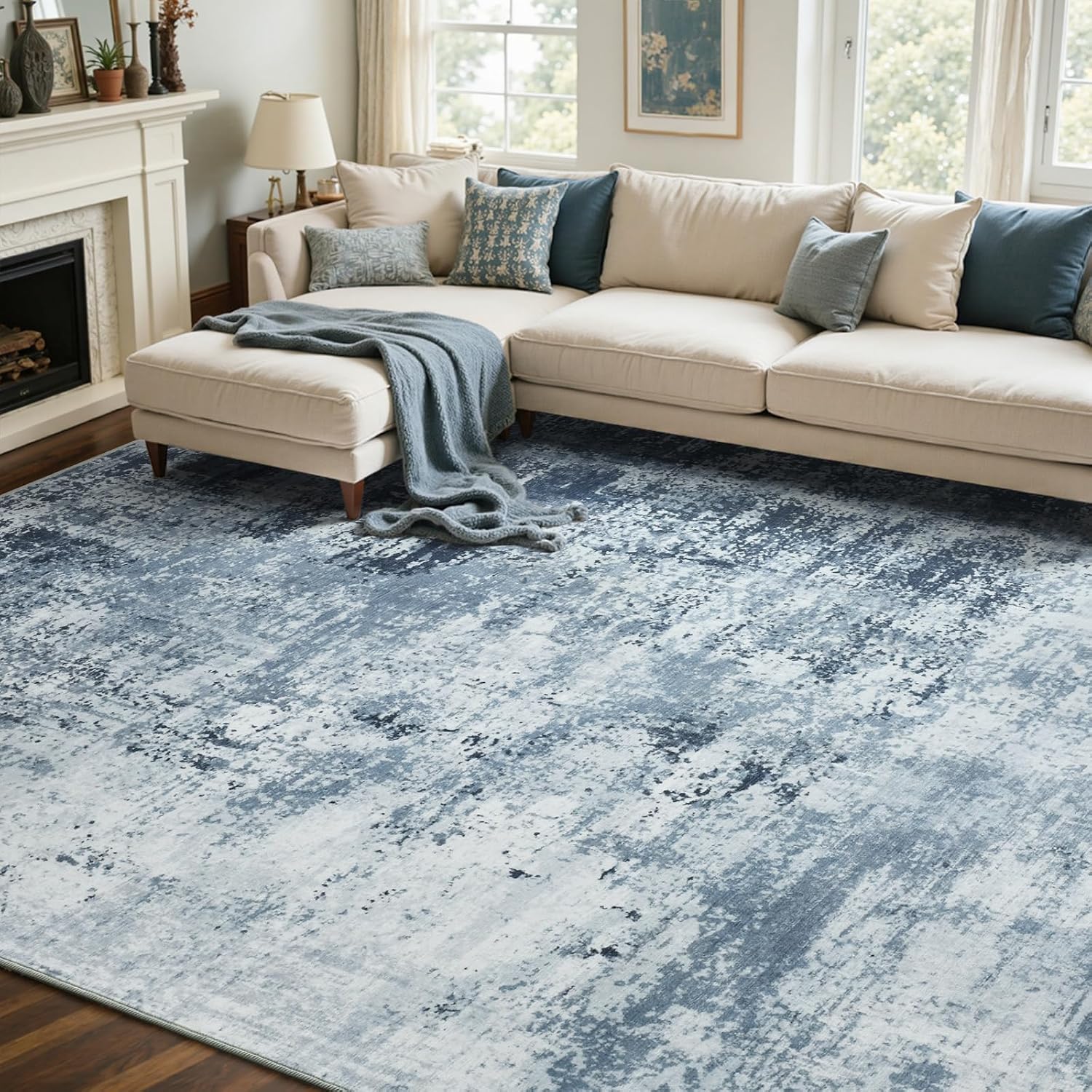 Blue Abstract Washable Large Area Rug