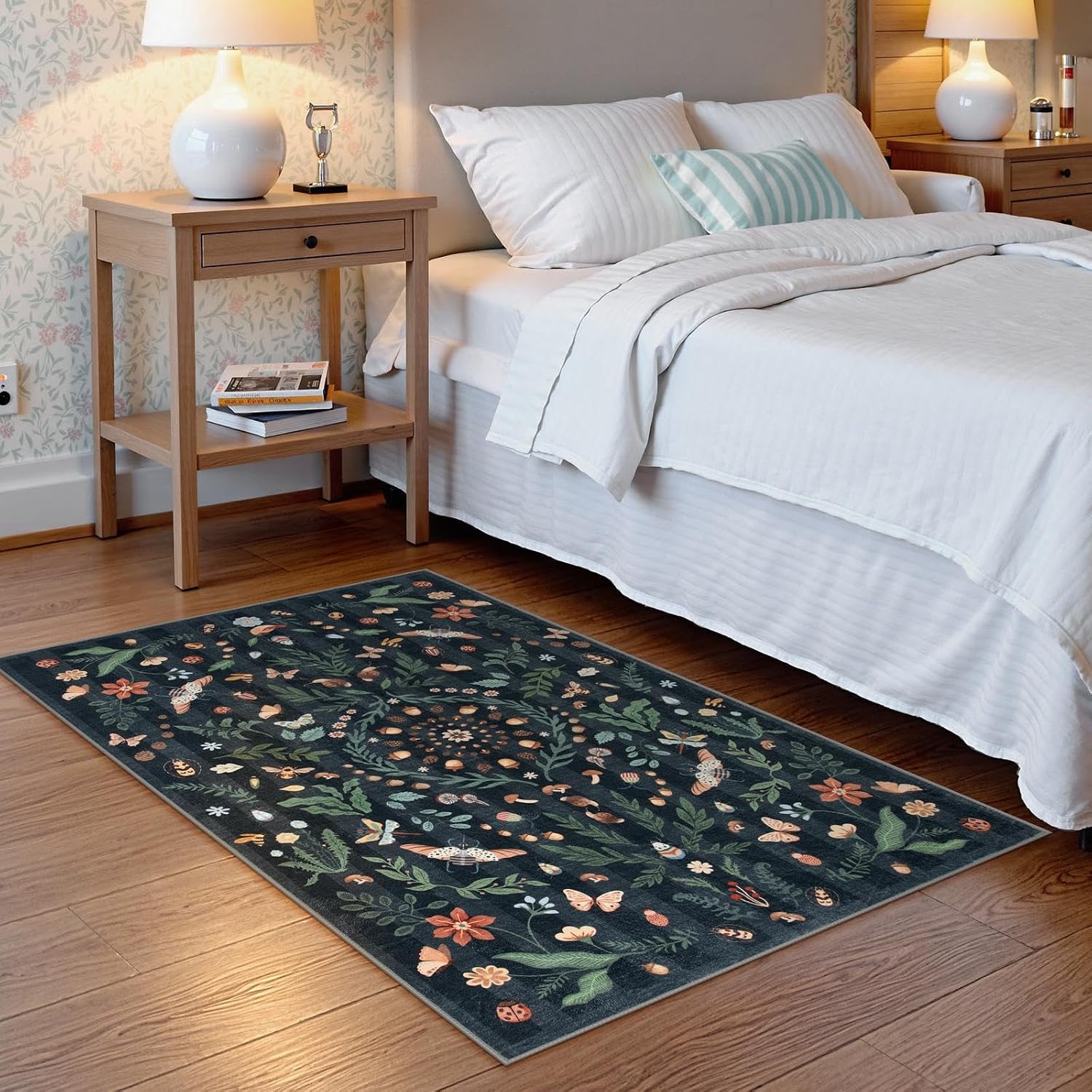 Black Botanical Washable Entryway Rug