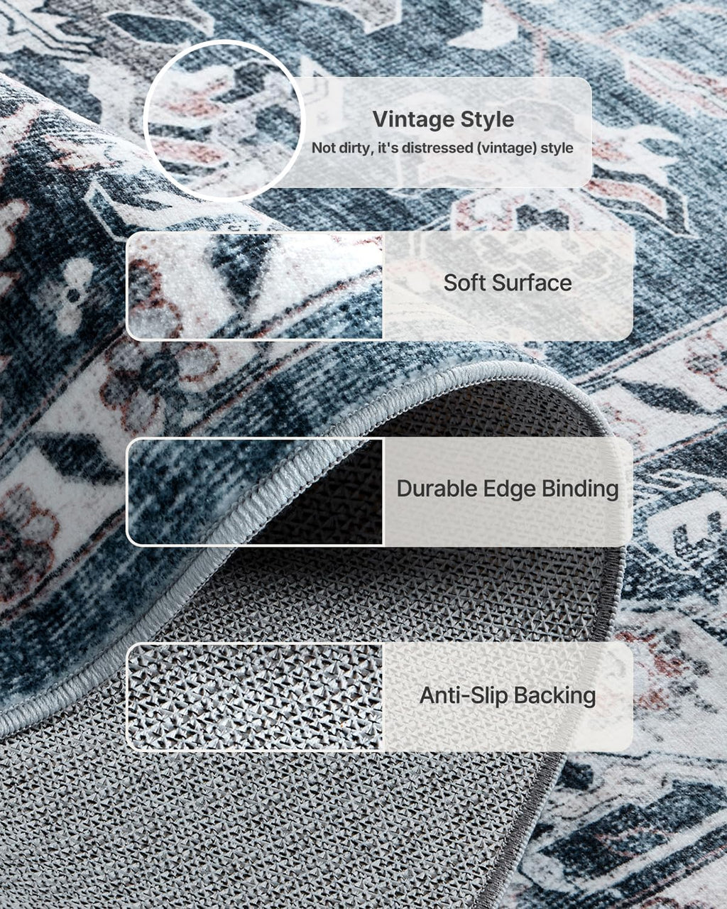 Blue Washable Vintage Area Rug