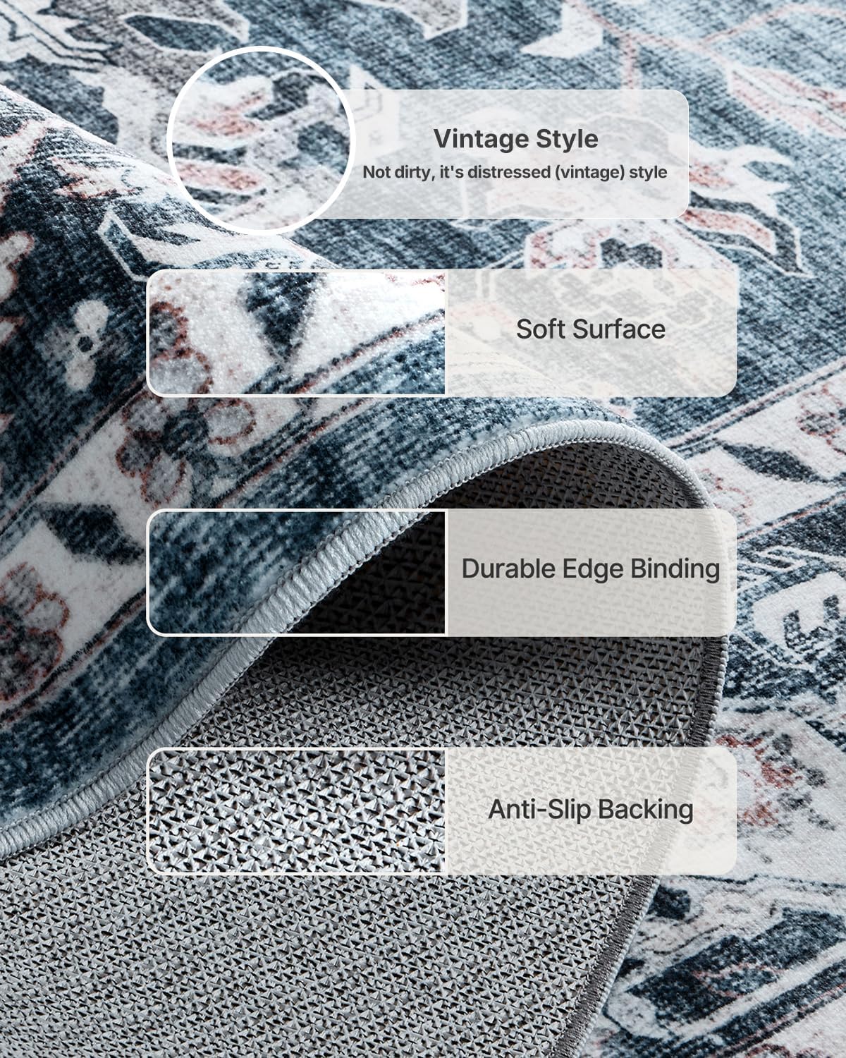 Blue Washable Vintage Area Rug