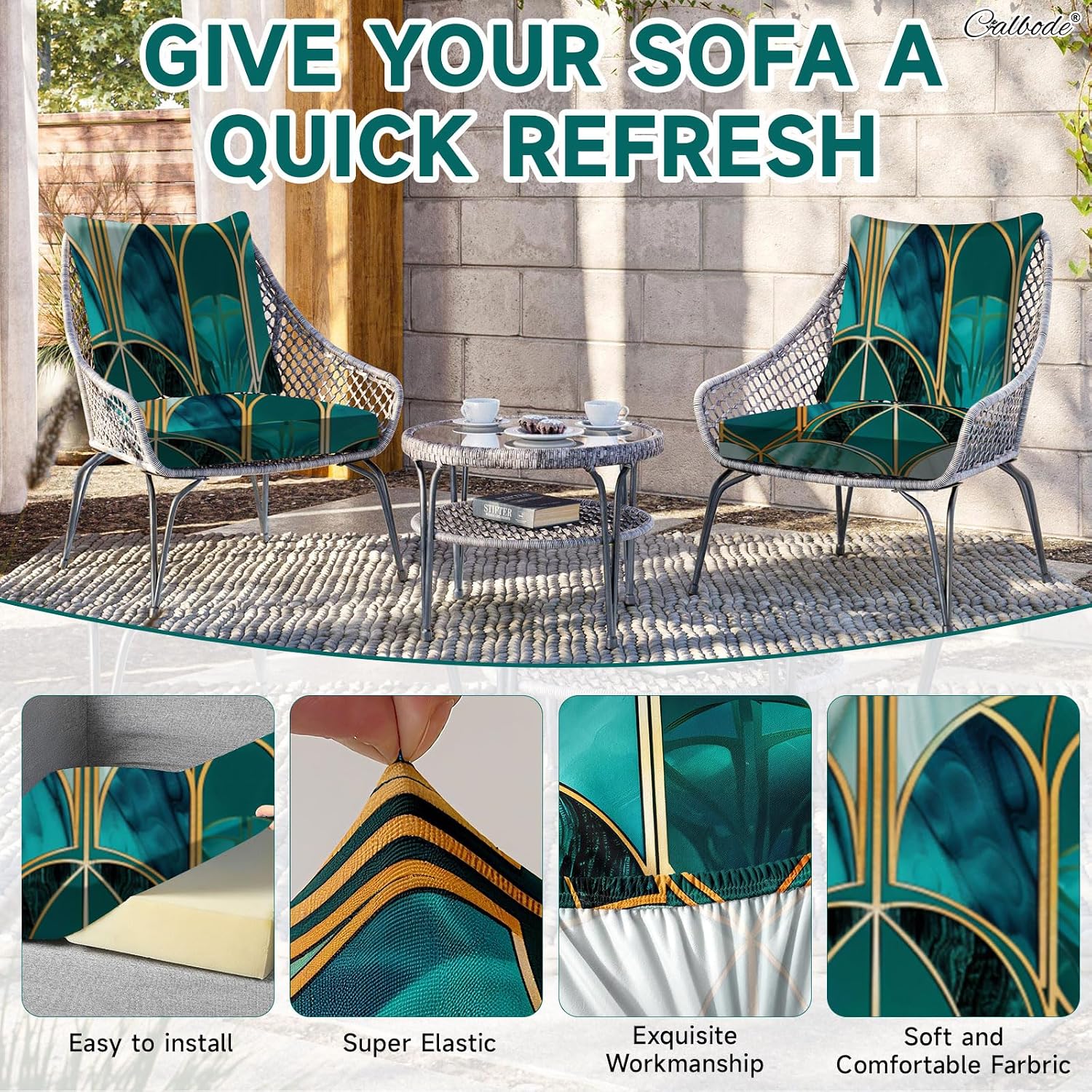 Green Art Deco Geometric Patio Cushion Covers 8Pcs