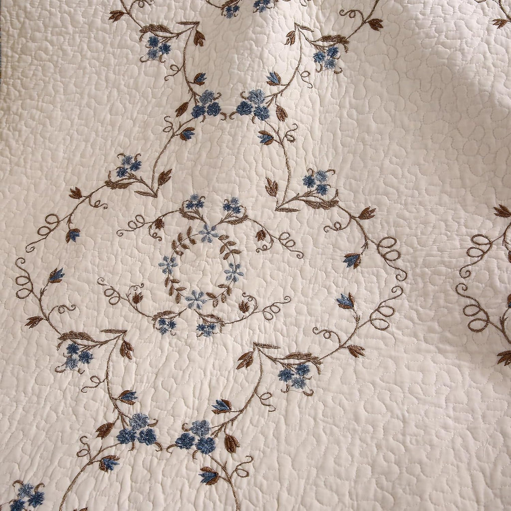 Blue Embroidered Floral Reversible Cotton Throw 50"x60"