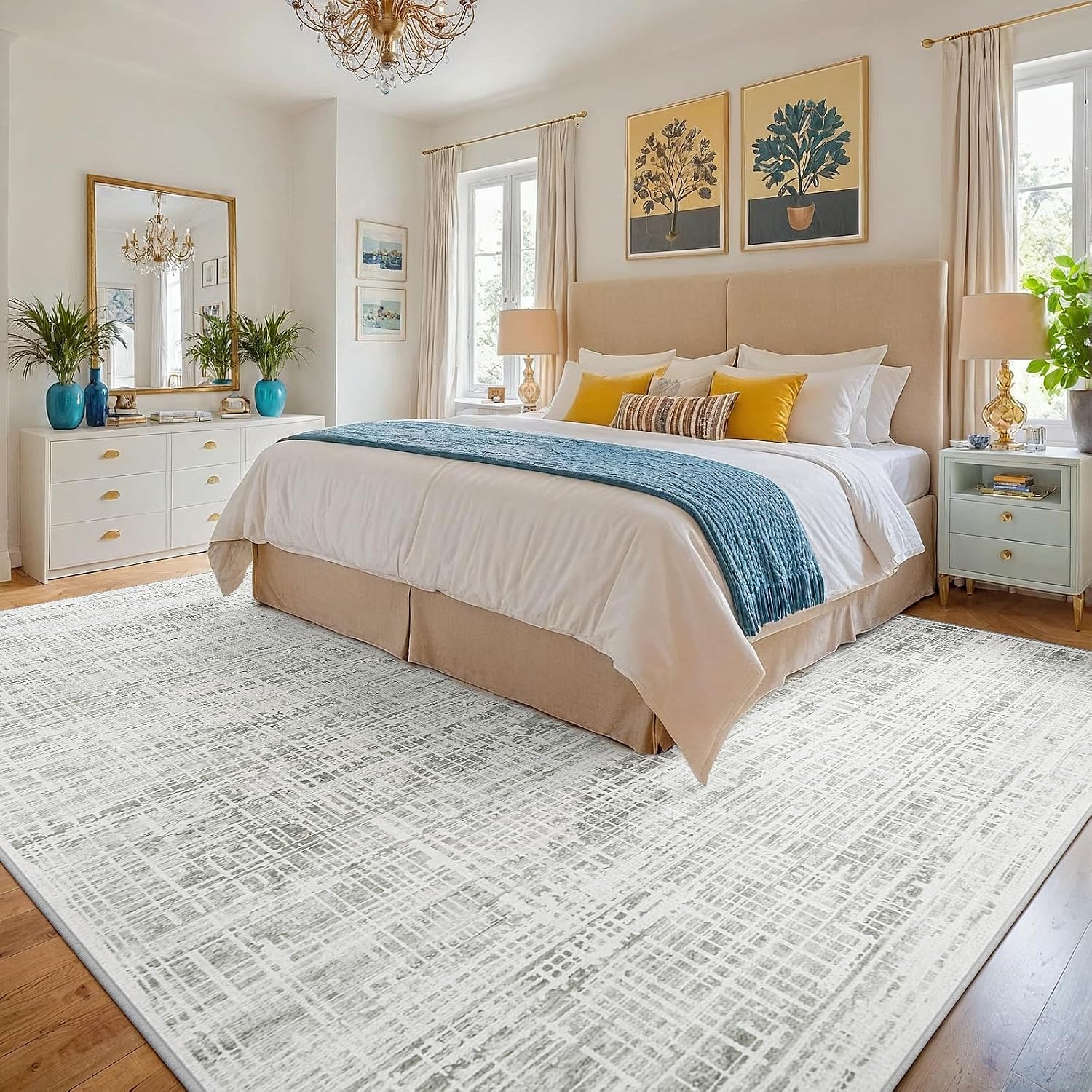White Gray Abstract Washable Area Rug 8x10