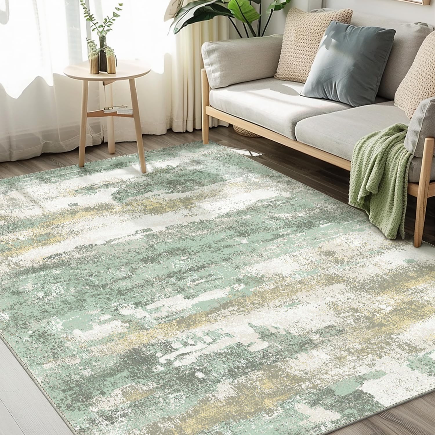 Light Green Abstract Washable Area Rug