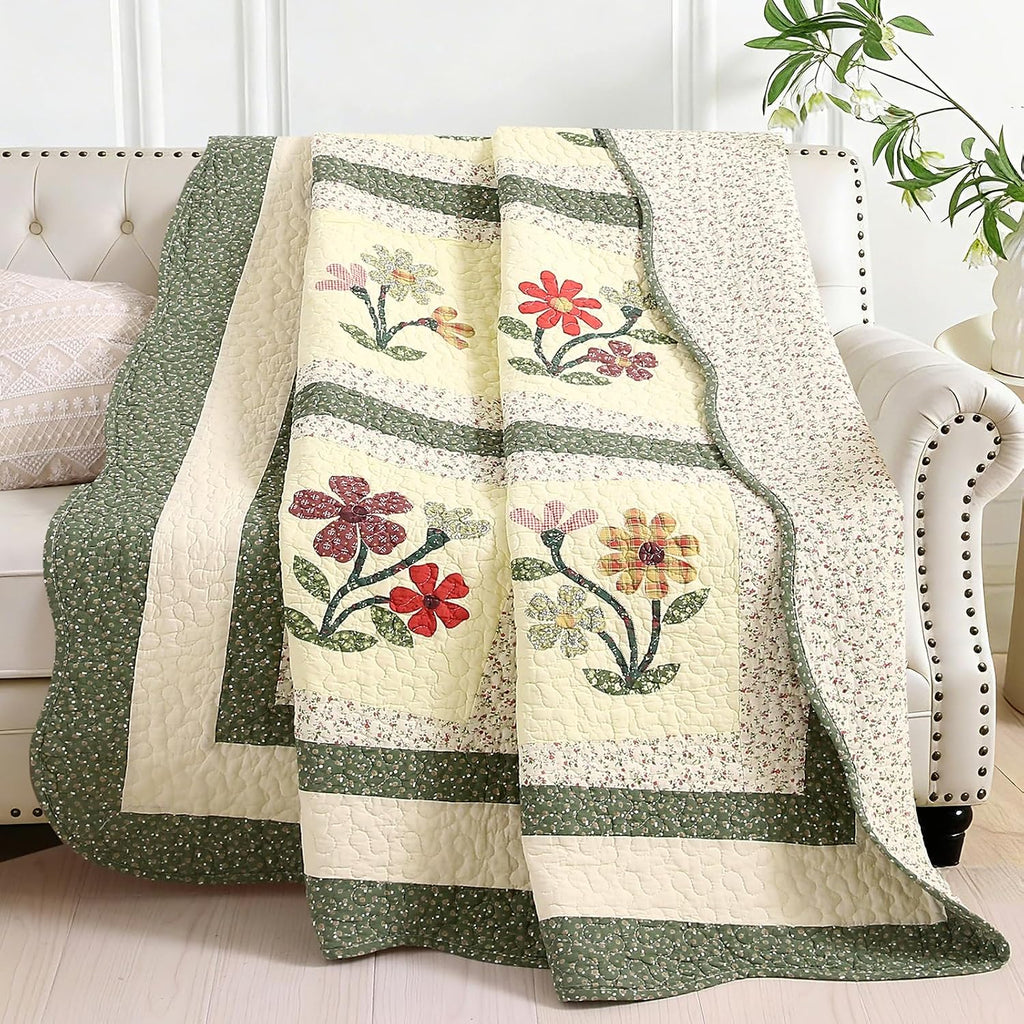 Green Floral Embroidered Reversible Cotton Quilted Throw 50"x60"