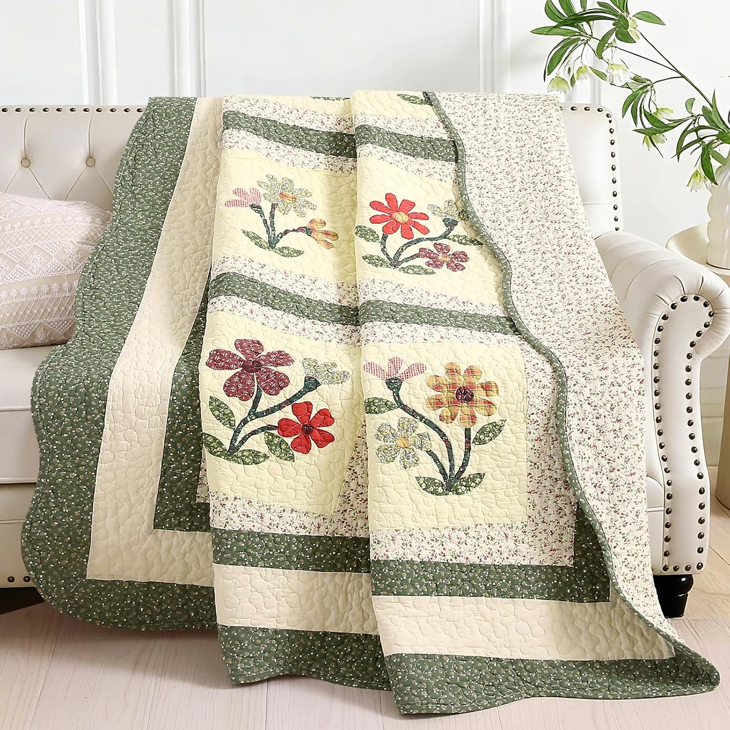 Green Floral Embroidered Reversible Cotton Quilted Throw 50"x60"