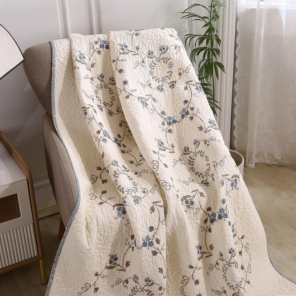 Blue Embroidered Floral Reversible Cotton Throw 50"x60"