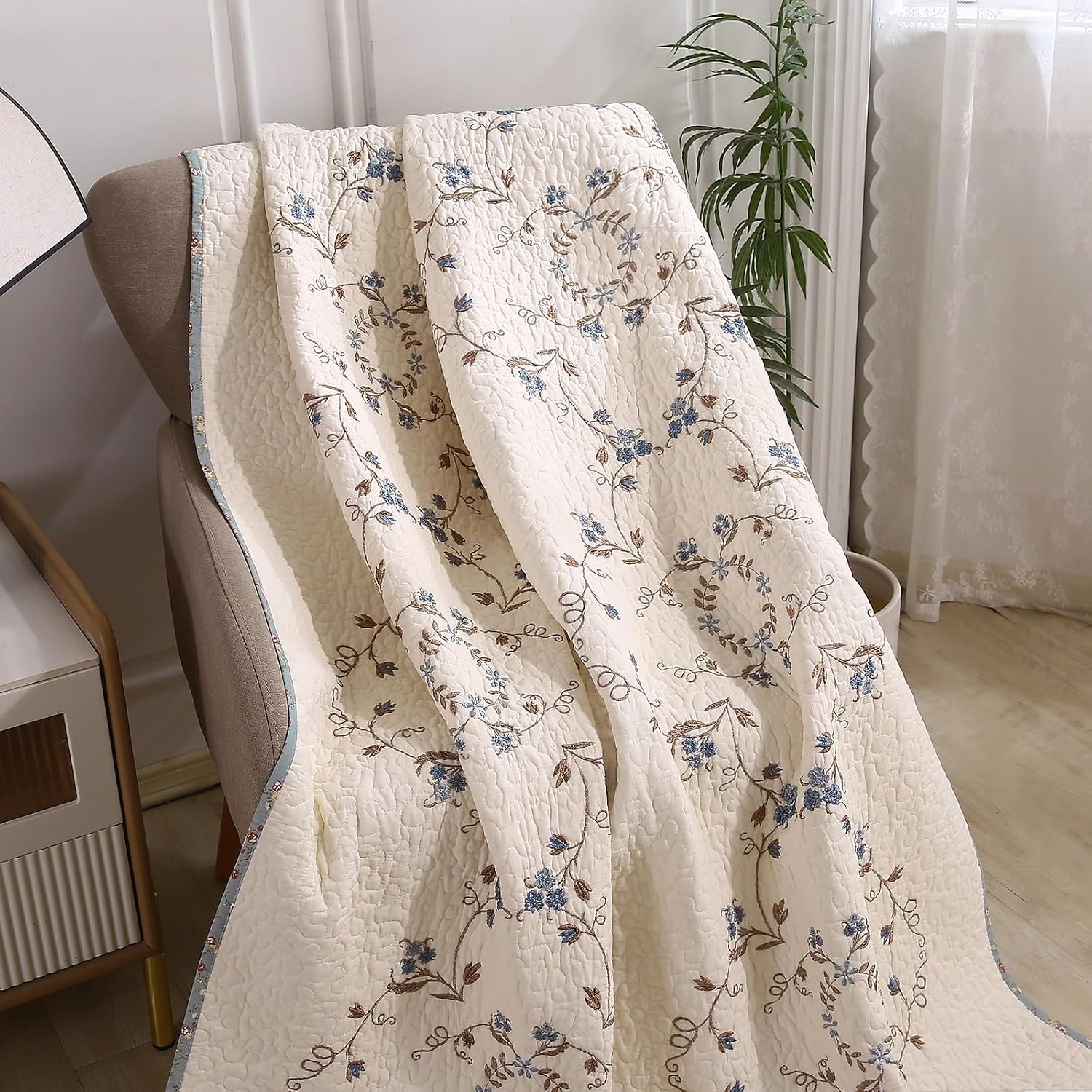 Blue Embroidered Floral Reversible Cotton Throw 50"x60"