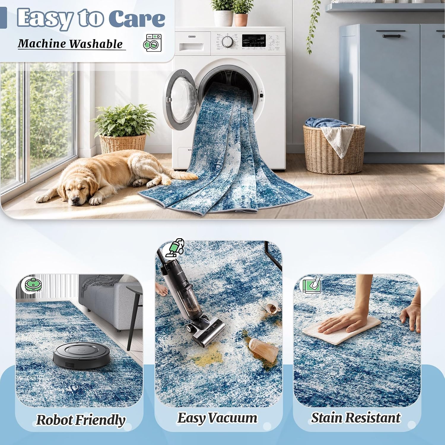 Blue Abstract Washable Large Area Rug