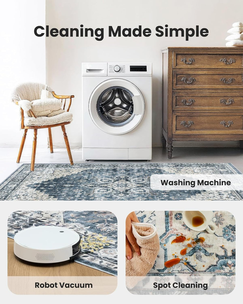 Blue Washable Vintage Area Rug